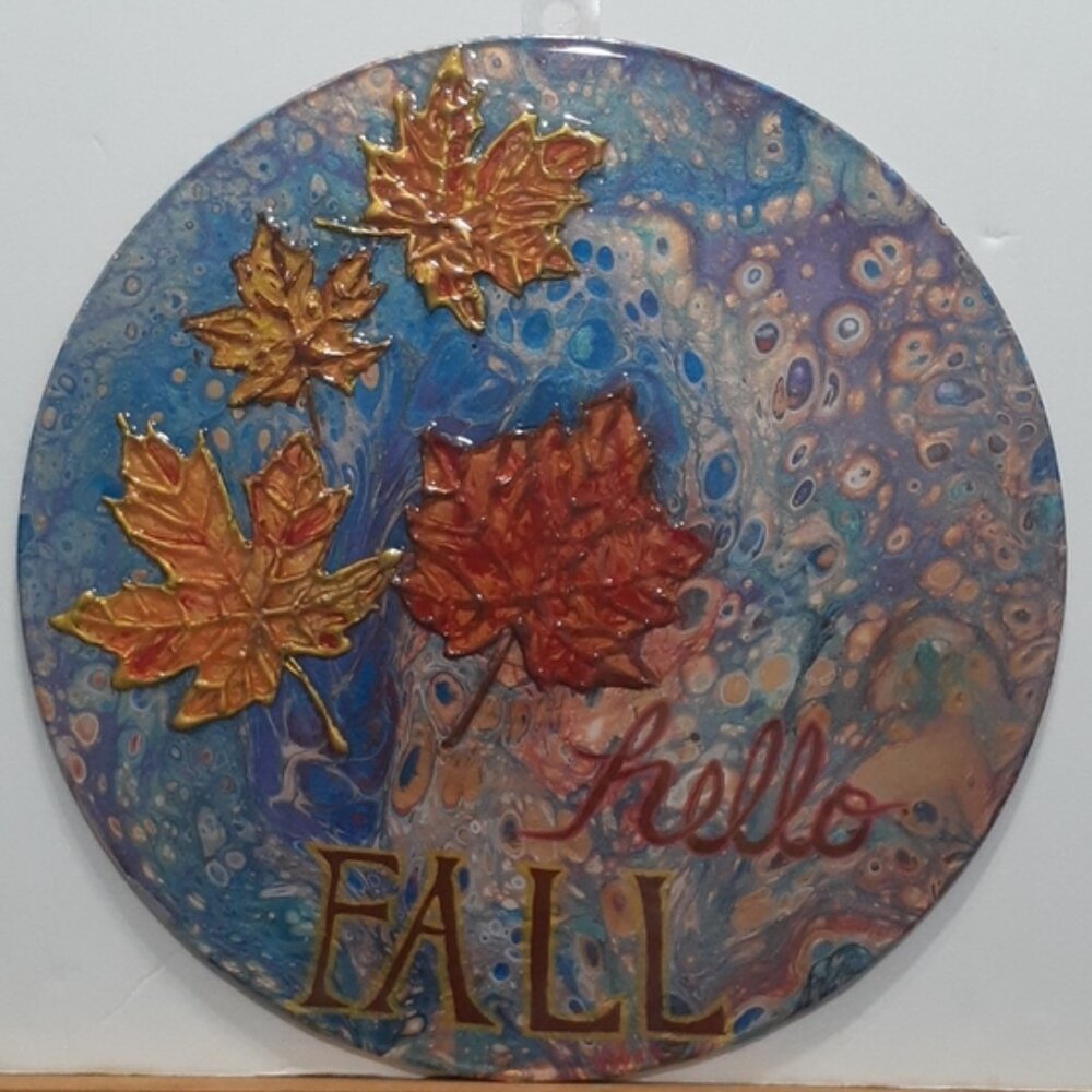 Hand Crafted Leaves Fall Painting Recycled Vinyl Record Wall Art Orange